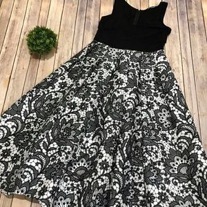 eShakti Black White Floral Fit Flare Formal Midi Party Dress Gown Size Small